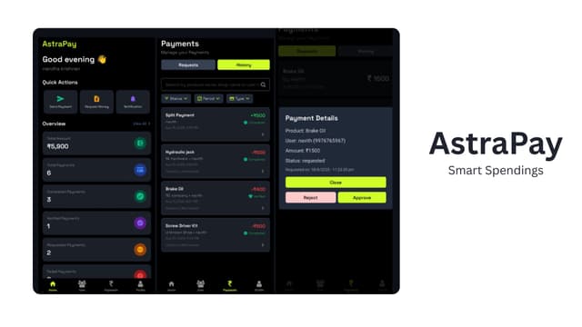 AstraPay is An Mobile application to Manage and Have Track on Team Spendings With Seperate Login for
Logins for Admin and Teammates.